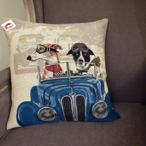 Coussin chiens voiture bleue -- 45x45cm-10532