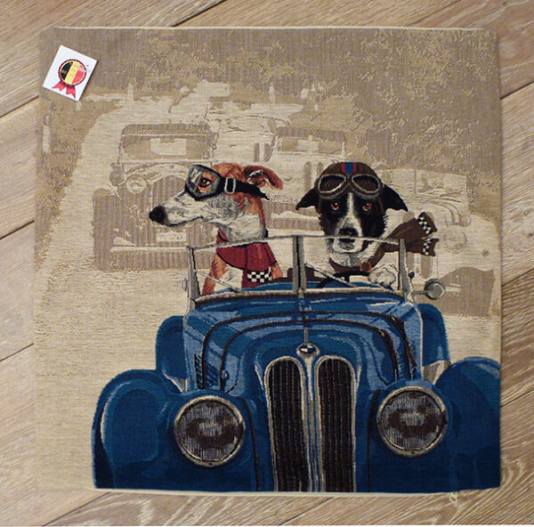 Coussin chiens voiture bleue -- 45x45cm-10533