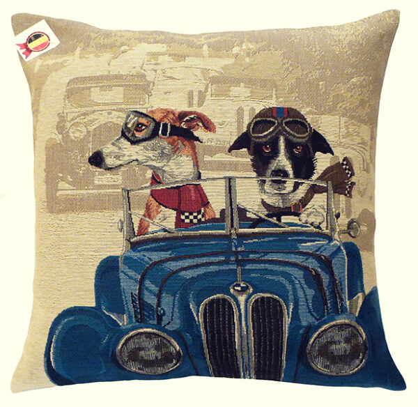 Coussin chiens voiture bleue -- 45x45cm-0