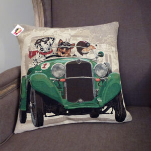 Coussin chiens voiture verte -- 45x45cm-10536