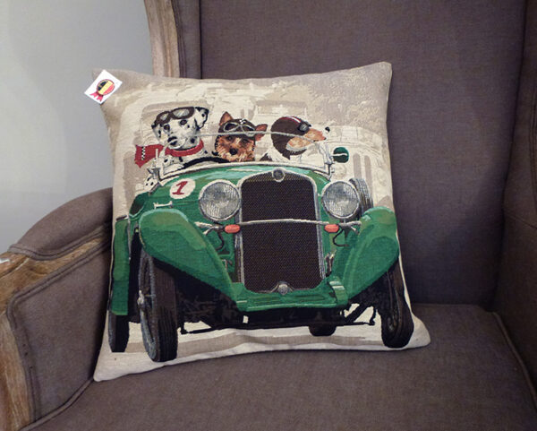 Coussin chiens voiture verte -- 45x45cm-10536