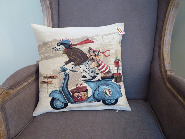 Coussin chiens scooter bleu -- 45x45cm-10524