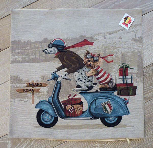 Coussin chiens scooter bleu -- 45x45cm-10523