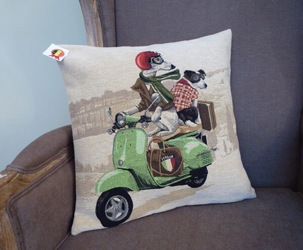 Coussin chiens scooter vert -- 45x45cm-10521