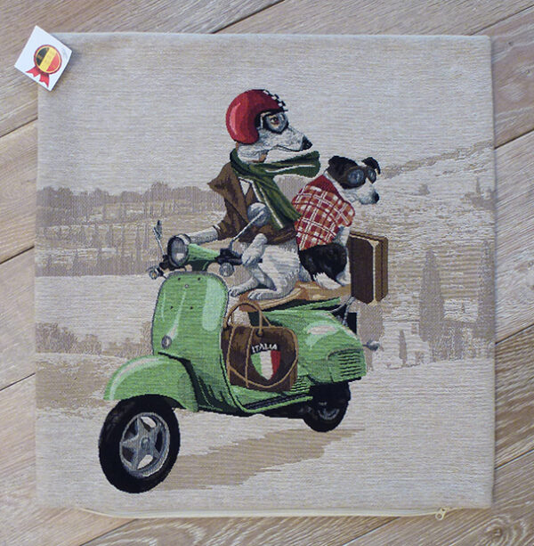 Coussin chiens scooter vert -- 45x45cm-10522